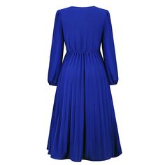 Blue V Neck Pleated Long Sleeve Dress with Belt Blue Solid Color Maxi Dress For Fall, Blue V-neck Midi Dress Solid Color, Blue Solid Color Evening Midi Dress, Blue Pleated Maxi Dress For Fall, Blue A-line Maxi Dress For Fall, Blue Pleated Long Sleeve Midi Dress, Blue Long Sleeve Pleated Midi Dress, Blue Midi Dress Solid Color, Blue Long Sleeve Pleated Dress