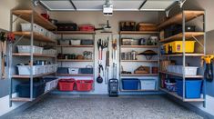 the inside of a garage with lots of shelves and tools on it's sides