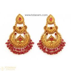 Chandbali Earrings - Temple Jewellery - 22K Gold Drop Earrings - 235-GER7747 - Buy this Latest Indian Gold Jewelry Design in 21.000 Grams for a low price of  $1,180.99 Elegant Red Hoop Earrings With Latkans, Elegant Red Earrings, Temple Jewellery Gold, Bharatanatyam Jewellery, Gold Buttalu, Indian Temple Jewellery, Gold Long Earrings, Gold Jhumkas, Indian Gold Jewellery Design