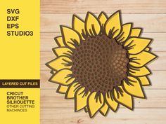 a large yellow sunflower cut out on a wooden background with the text svg dxf epss studio