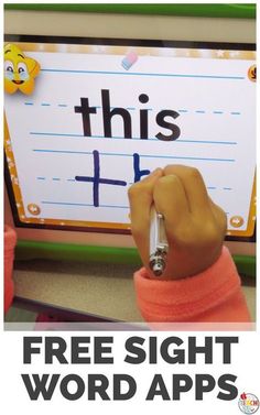 a child writing on a white board with the words this is free sight word apps