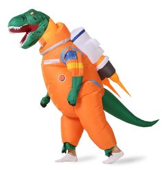 an inflatable dinosaur costume is being carried by a man