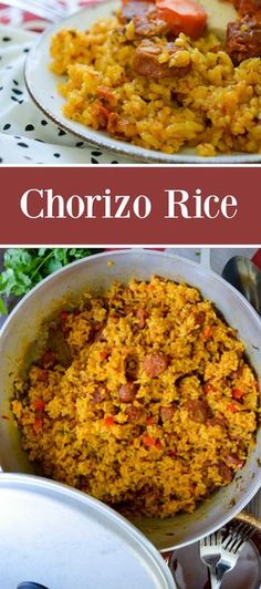 two pictures with different types of food in them and the words chorizo rice