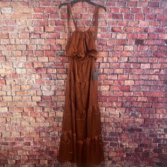 Brand New With Tags. Brown Lined Maxi Dress For Summer, Brown Sundress Maxi Dress, Summer Brown Lined Maxi Dress, Brown Maxi Dress For Date Night, Brown Maxi Dress For Day Out, Brown Flowy Maxi Dress For Party, Flowy Brown Maxi Dress For Party, Casual Brown Maxi Dress For Date Night, Spring Brown Maxi Dress For Date Night