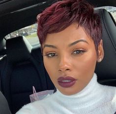 red-burgundy-pixie-cut-african-american-short-hairstyles-white-polo-blouse Burgandy Short Hair, Burgundy Hairstyles, Black Haircuts, Black Women Short Hairstyles, Short Red Hair, Natural Hair Short Cuts