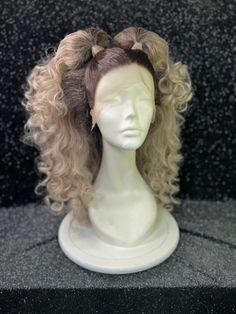 "This beautiful lace front synthetic wig will be custom styled, just for you! Images in this listing are an example of Curly Pigtails. Prior to your custom styled wig shipping, I will send you multiple pictures to guarantee you are satisfied with the finished result.  Processing time is 4-6 weeks from placing order.  Lace front wigs can fit a variety of head sizes, up to 23.5\" Due to the nature of this item, all sales are final. Please reach out if there is anything I can help with. All wigs ar Drag Hairstyles, Drag Queen Hairstyles, Curly Pigtails, Drag Ponytail Wig, Drag Updo Wigs, Drag Wigs Styling, Drag Queen Wigs, Pink Wig Fairy, Drag Wigs