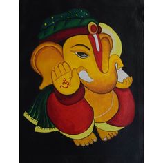 a painting of an elephant with a baby on it's back, in yellow and red colors