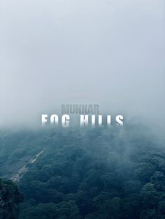 the words fog hills written in white on top of a green mountain covered in trees