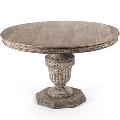 an oval wooden table with pedestals on the top and base, against a white background