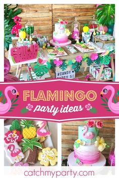 a flamingo themed party with pink and green decorations, pineapples, watermelon