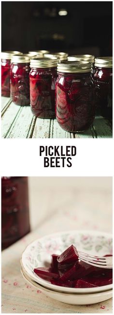 pickled beets on a plate and in jars with the words pickled beets above them