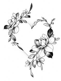 a heart shaped frame with flowers and leaves on the side, in black and white