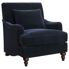 a dark blue chair with wooden legs and pillows on top of the armrests