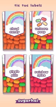 four bags of candy with rainbow candies in them and the label on each bag