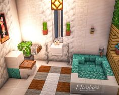 an image of a living room in the minecraft style with couches and tables