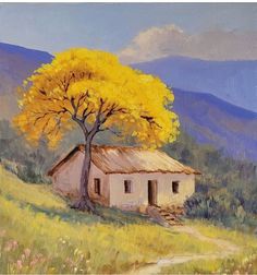 a painting of a house with a tree in the foreground and mountains in the background