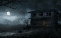 an old house in the middle of a dark forest with a full moon behind it