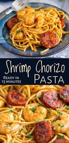 shrimp and pepperoni pasta is served on a plate with the words shrimp chorizo pasta