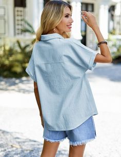 Women's Cotton Linen Shirts V-Neck Front Pocket Short Sleeve Loose Blouse Shirt Blouse Size Chart, Short Sleeves Shirt, Plain Shorts, Cotton Linen Fabric, Loose Shirts, Short Sleeve Pullover, Loose Blouse, Chiffon Shirt, Pullover Shirt