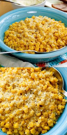 two blue bowls filled with corn on top of a table