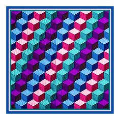 a colorful quilt with many different colored blocks on the front and back, as well as a blue border