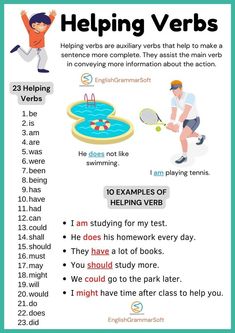 a poster with words and pictures on it that describe the different types of verbs