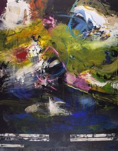 an abstract painting with lots of colors and black, white, blue, green, yellow