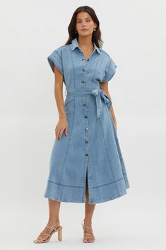 Cheap Chambray Short Sleeve Denim Dress, Luxury Spring Cotton Denim Dress, Cheap Fitted Medium Wash Denim Dress, Cheap Medium Wash Denim Dress For Daywear, Affordable Light Blue Summer Denim Dress, Cheap Blue Button-up Midi Dress, Cheap Short Sleeve Denim Dress With Buttons, Cheap Buttoned Midi Dress For Daywear, Luxury Cotton Denim Dress In Denim Blue