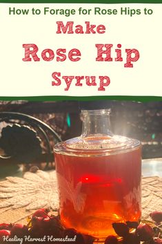 a bottle of rose hip syrup with berries around it and the words how to forget for rose hips