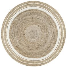 a round rug with white and beige stripes on the bottom, in front of a white background