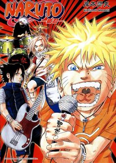 an anime poster with the character naruto holding a guitar and singing into a microphone