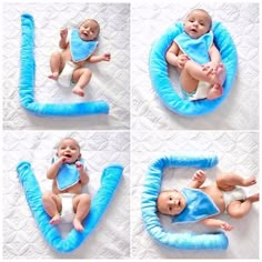 four pictures of a baby laying on top of a blue pillow