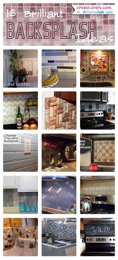 many different pictures of kitchen backsplashes and counter tops with words above them