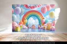 an image of a birthday backdrop with balloons and gifts in the background that reads happy birthday, digital backdrop