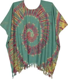 Get that carefree, bohemian style statement with this unique smooth and soft rayon poncho top.  With a vibrant tie-dye pattern shaped in a swirl, this top is one of a kind. #tlb #Peasant #Fringe #TieDye #bohemianfashion #BohoTunic #PonchoTop Casual Multicolor Summer Poncho, Green Bohemian Poncho For Spring, Bohemian Green Poncho For Spring, Flowy Multicolor Hippie Tops, Oversized Hippie Poncho For Summer, Casual Summer Poncho For Festivals, Bohemian Hand Dyed Tops For Beach, Bohemian Tie Dye Tops For Vacation, Summer Festival Multicolor Poncho