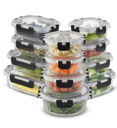 tupperware set with black lids and clear plastic containers filled with salads, beans, broccoli, carrots, cucumbers and more