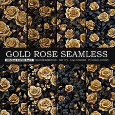 gold rose seamless digital paper pack with black leaves and flowers on it, including roses