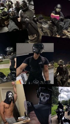 a collage of photos with different people on motorbikes and one man wearing a skull mask