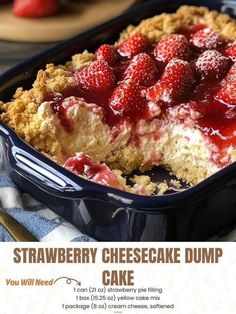 strawberry cheesecake dump cake in a blue dish