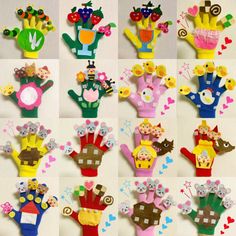 many different types of hand puppets are arranged on a table with hearts, flowers and other decorations