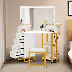 a bedroom with a vanity, stool and mirror