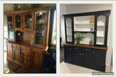 two pictures side by side one has a china cabinet and the other has a hutch