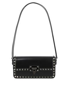 Valentino Garavani"Rockstud23 East-West" shoulder bag100% leather Elegant Leather Bag With Studs, Elegant Studded Leather Bags, Designer Flap Shoulder Bag With Silver-tone Hardware, Luxury Flap Satchel With Silver-tone Hardware, Luxury Satchel With Silver-tone Hardware And Flap, Formal Leather Bags With Studs, Studded Leather Crossbody Bag, Black Leather Bags With Studs, Evening Calf Leather Bag With Gunmetal Hardware