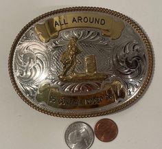 Vintage 1996 Metal Belt Buckle, Silver and Brass, Barrel Racing, All Around, Gonzaga Rodeo, Montana Silversmiths, Big Size, 5 1/2" x 3 1/2", Thick Metal, Quality, Made in USA, Country and Western, Heavy Duty, Fashion, Belts, Shelf Display, Collectible Belt Buckle, Free Shipping in the U.S. Country Belts, Rodeo Belt, Rodeo Belt Buckles, Usa Country, Shelf Display, Barrel Racing, Metal Belt, Fashion Belts, Suspender Belt