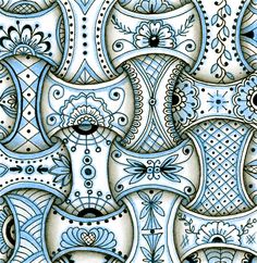 an artistic blue and white background with many different designs on the surface, including circles