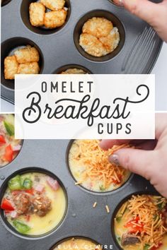 the muffin tins are filled with omelet breakfast cups and topped with cheese