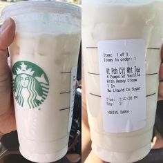 two people holding up starbucks cups with information on them