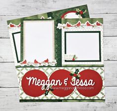 two christmas cards with the words megagan and lessa in red, green and white