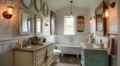 a bathroom with two sinks, a tub and three mirrors on the wall above it