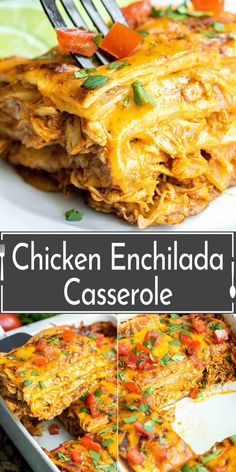 chicken enchilada casserole in a white dish with a fork on top